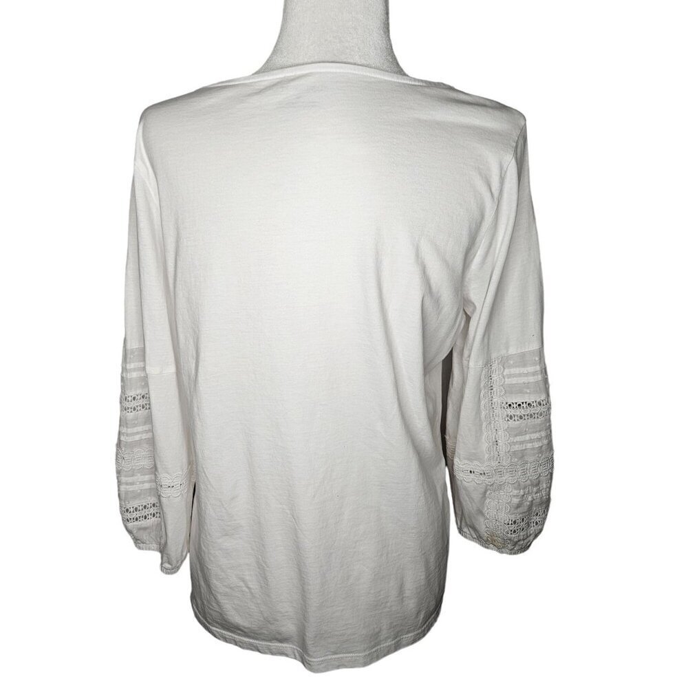 Talbots Cottagecore Knit White 3/4 Sleeve Lace Boho Top 100% Cotton Size M - Picture 2 of 9